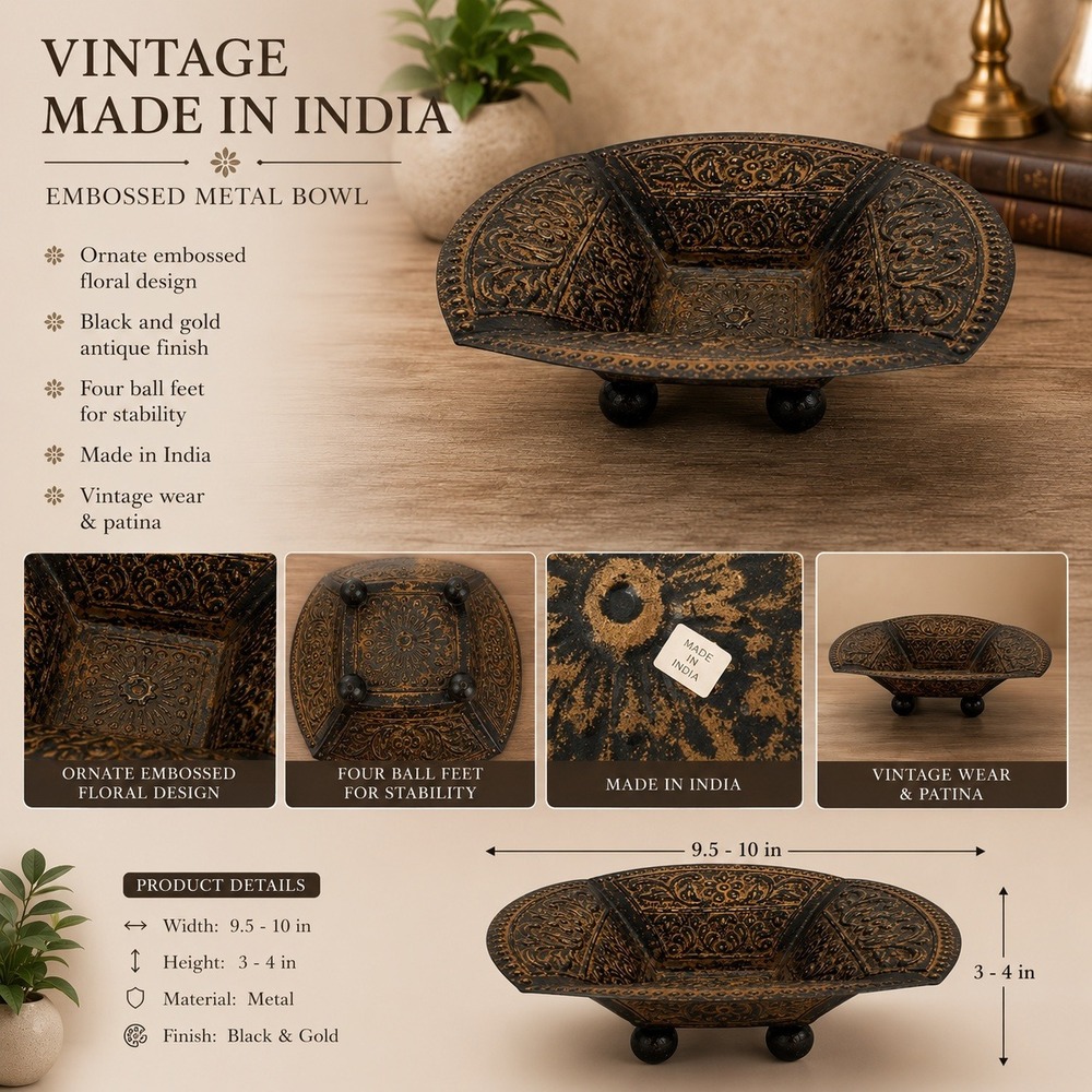 Vintage Made in India Embossed Metal Bowl Black Gold Floral Footed Decor 10in